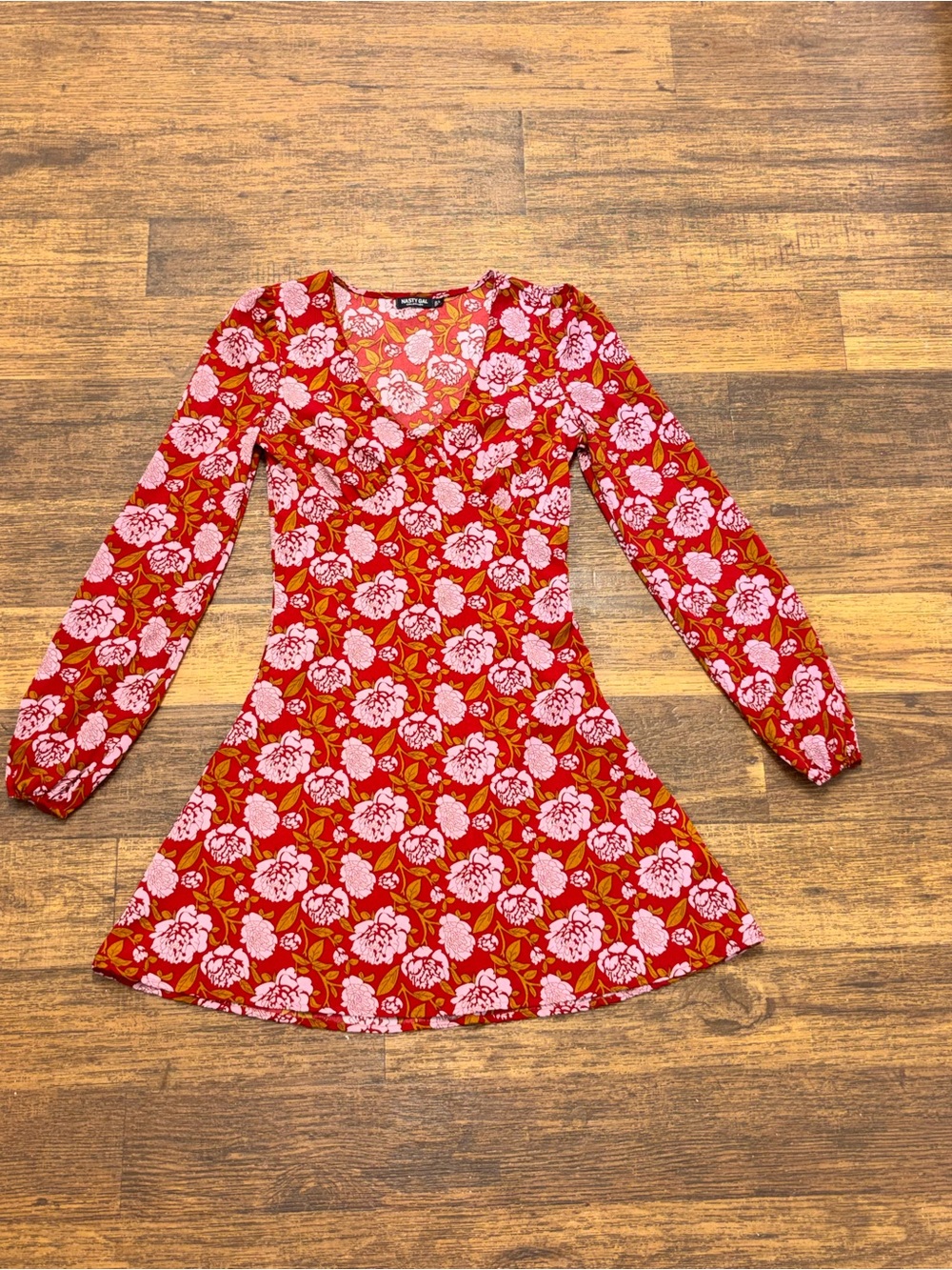 Floral Long-Sleeve Red & Pink Fit-and-Flare Dress